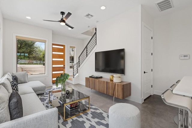 900 Banister Ln Unit D, Austin, TX 78704 - living area with finished concrete floors, recessed lighting, stairs, and a ceiling fan