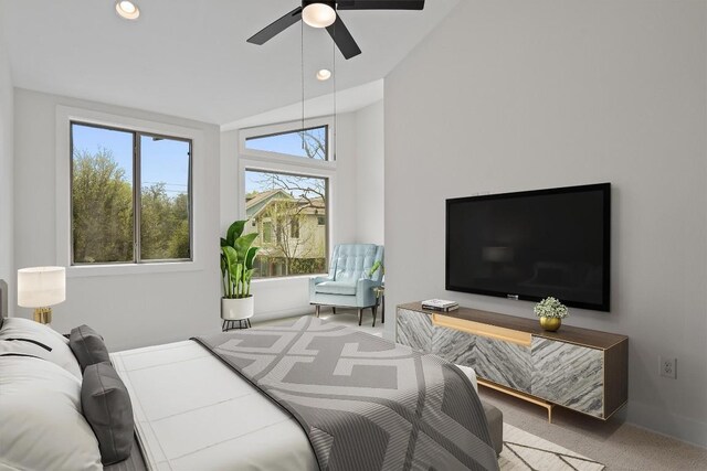 900 Banister Ln Unit D, Austin, TX 78704 - bedroom featuring lofted ceiling, carpet flooring, ceiling fan, and recessed lighting