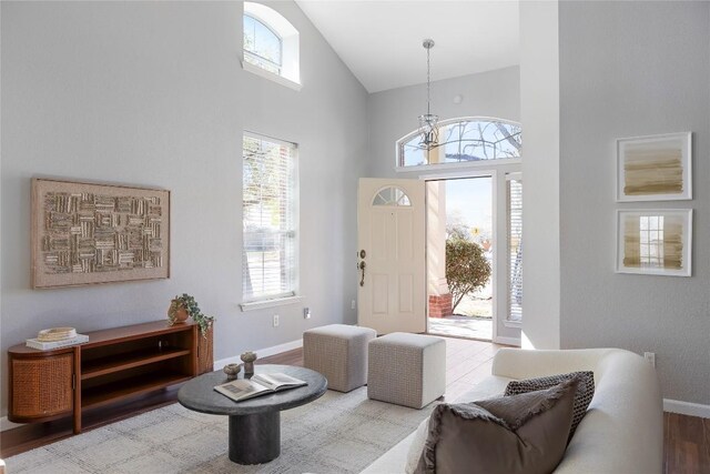 3100 Lynnbrook Dr, Austin, TX 78748 - foyer entrance featuring high vaulted ceiling, a chandelier, baseboards, and wood finished floors