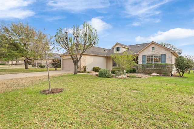 111 Belfalls Dr, Georgetown, TX 78633 - view of front of property featuring stone siding, concrete driveway, a garage, and a front lawn