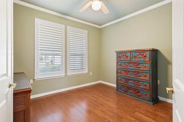 111 Belfalls Dr, Georgetown, TX 78633 - bedroom featuring wood finished floors, crown molding, baseboards, and ceiling fan