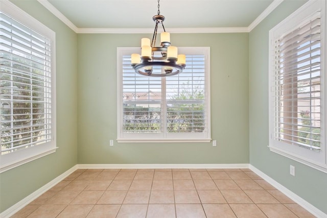 111 Belfalls Dr, Georgetown, TX 78633 - unfurnished dining area with a chandelier, healthy amount of natural light, ornamental molding, baseboards, and tile patterned floors