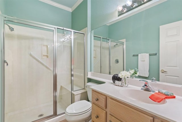 111 Belfalls Dr, Georgetown, TX 78633 - bathroom featuring ornamental molding, vanity, a stall shower, and toilet