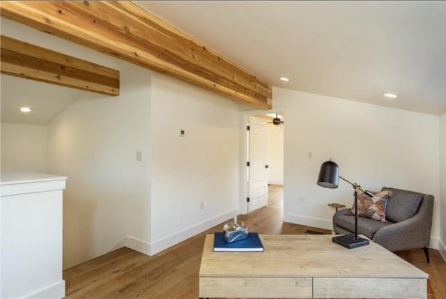504 Normandy St Unit A, Austin, TX 78745 - sitting room featuring wood finished floors, beamed ceiling, recessed lighting, and baseboards