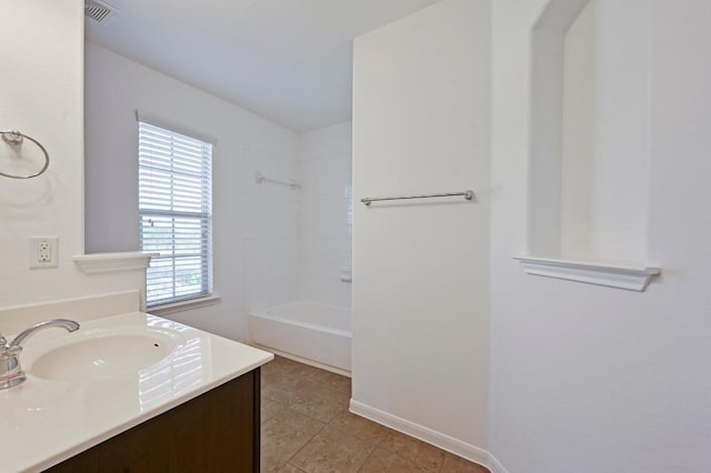 bathroom with tile patterned flooring, vanity, shower / tub combination, and visible vents