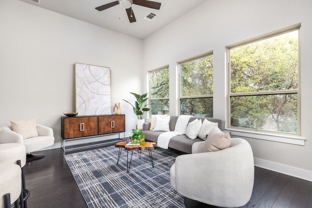 404 W Alpine Rd Unit 1, Austin, TX 78704 - living room featuring a ceiling fan and dark wood-style floors