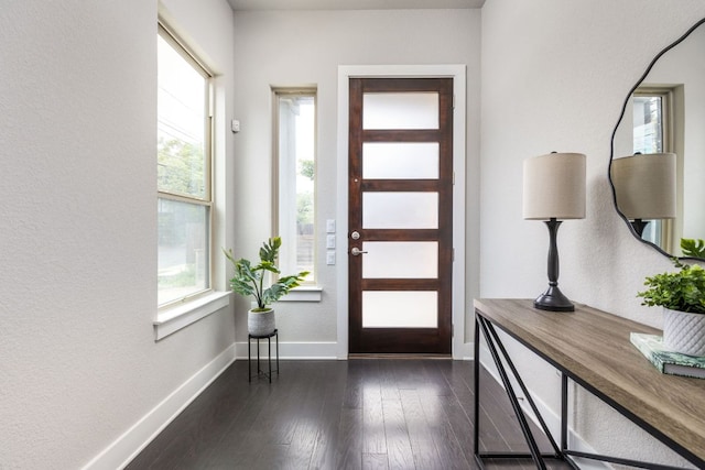 entrance foyer featuring a textured wall, baseboards, and dark wood-style floors