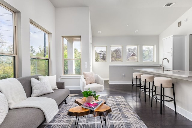 404 W Alpine Rd Unit 1, Austin, TX 78704 - living area featuring vaulted ceiling and dark wood-type flooring
