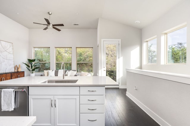 404 W Alpine Rd Unit 1, Austin, TX 78704 - kitchen featuring dishwasher, white cabinetry, light countertops, dark wood-style floors, and lofted ceiling