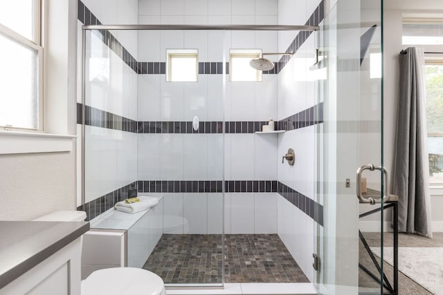 bathroom with vanity, a stall shower, and toilet