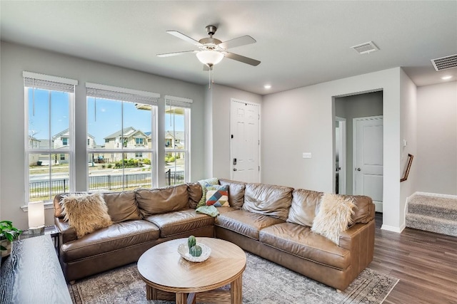 970 Lone Peak Way, Dripping Springs, TX 78620 - living area with a ceiling fan, dark wood-style floors, stairs, and recessed lighting