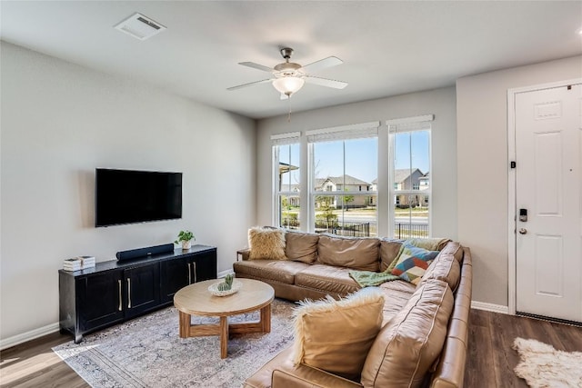 970 Lone Peak Way, Dripping Springs, TX 78620 - living area featuring ceiling fan, baseboards, and wood finished floors