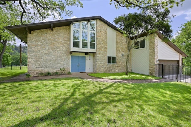 2503 Manana St, Austin, TX 78730 - view of front of property featuring a garage, a front lawn, fence, and stone siding