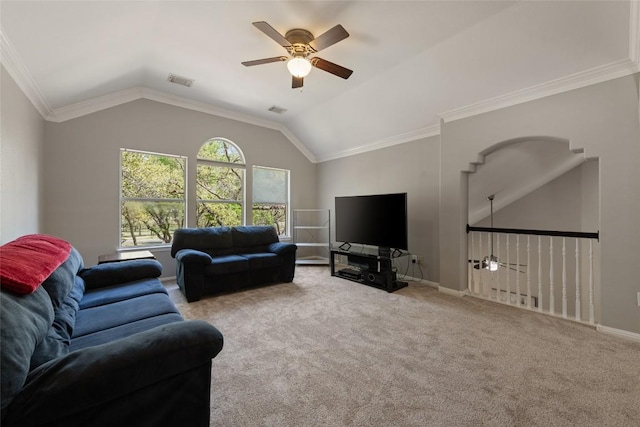 1406 Hunter Ace Way, Cedar Park, TX 78613 - living area with a ceiling fan, carpet, vaulted ceiling, baseboards, and ornamental molding
