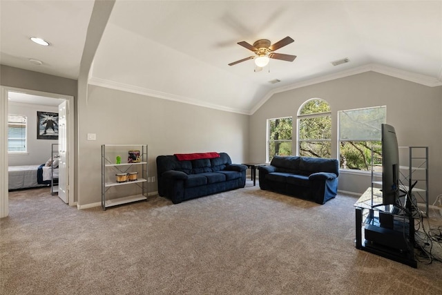 1406 Hunter Ace Way, Cedar Park, TX 78613 - carpeted living area with ceiling fan, baseboards, lofted ceiling, and ornamental molding