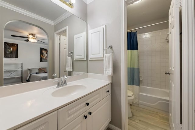 1406 Hunter Ace Way, Cedar Park, TX 78613 - bathroom featuring toilet, vanity, ornamental molding, shower / bath combo, and a ceiling fan