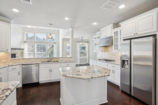 3501 Venezia Vw, Leander, TX 78641 - kitchen featuring stainless steel appliances, under cabinet range hood, tasteful backsplash, white cabinets, and recessed lighting