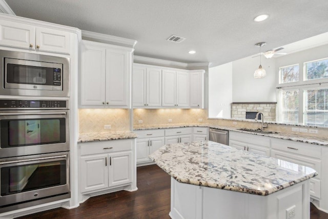 3501 Venezia Vw, Leander, TX 78641 - kitchen featuring stainless steel appliances, dark wood-type flooring, white cabinetry, light stone counters, and recessed lighting