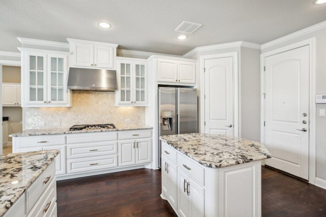 3501 Venezia Vw, Leander, TX 78641 - kitchen with under cabinet range hood, stainless steel appliances, ornamental molding, dark wood finished floors, and backsplash