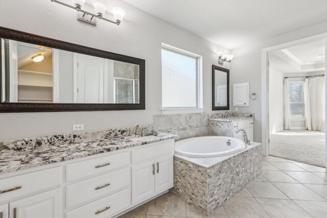 3501 Venezia Vw, Leander, TX 78641 - bathroom featuring plenty of natural light, vanity, a garden tub, and tile patterned flooring