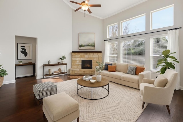 3501 Venezia Vw, Leander, TX 78641 - living room with high vaulted ceiling, ceiling fan, ornamental molding, wood finished floors, and healthy amount of natural light