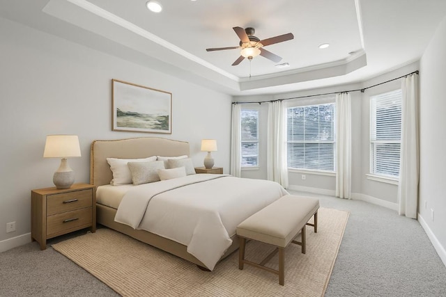 3501 Venezia Vw, Leander, TX 78641 - bedroom featuring a raised ceiling, light colored carpet, baseboards, recessed lighting, and ornamental molding