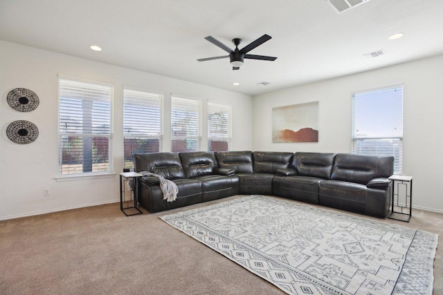 1318 Autumn Sage Way, Pflugerville, TX 78660 - living room with ceiling fan, carpet, recessed lighting, and baseboards