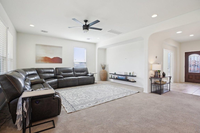 1318 Autumn Sage Way, Pflugerville, TX 78660 - carpeted living area featuring plenty of natural light, a ceiling fan, and recessed lighting