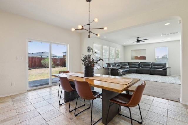 1318 Autumn Sage Way, Pflugerville, TX 78660 - dining room featuring plenty of natural light, a chandelier, baseboards, recessed lighting, and a ceiling fan
