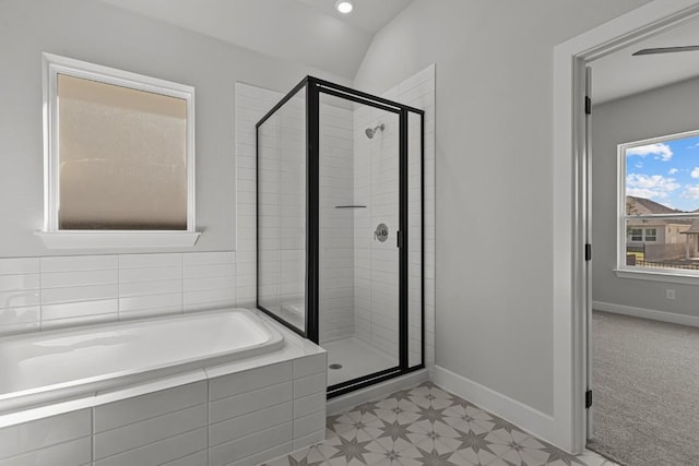 7804 Alouette Dr, Austin, TX 78738 - full bath featuring a shower stall, a bath, baseboards, tile patterned floors, and lofted ceiling