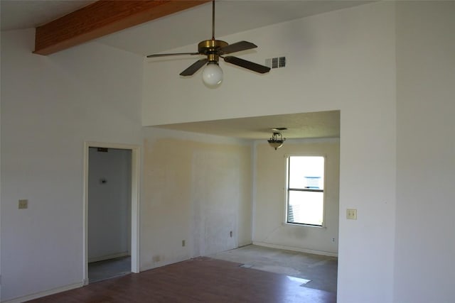 112 Marlin St, Mcdade, TX 78650 - empty room featuring high vaulted ceiling, beam ceiling, wood finished floors, visible vents, and ceiling fan