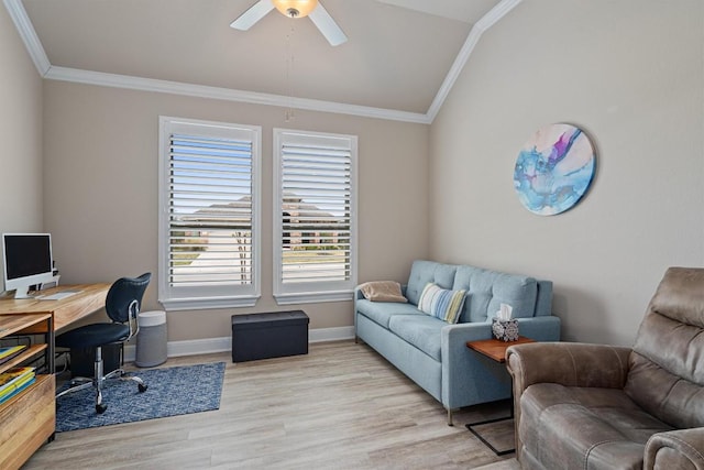5352 Cornetto Blfs, Round Rock, TX 78665 - home office featuring crown molding, lofted ceiling, light wood-style floors, ceiling fan, and baseboards
