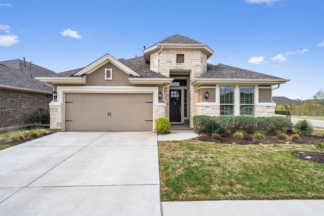 view of front of property featuring an attached garage, driveway, stone siding, and a front lawn