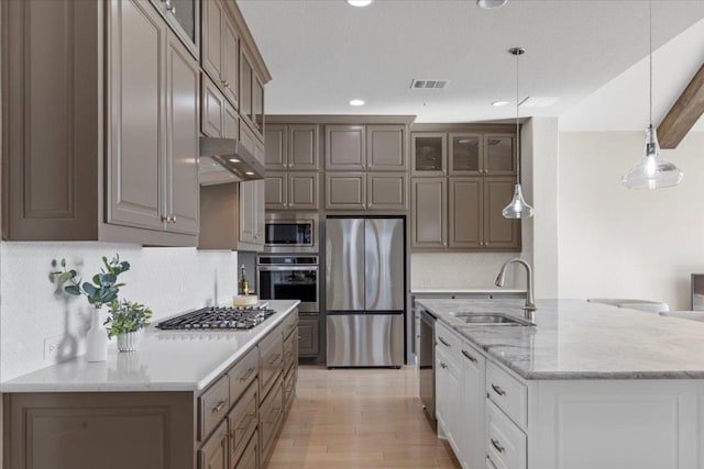 209 Gulfton St, Austin, TX 78738 - kitchen with appliances with stainless steel finishes, a sink, tasteful backsplash, light wood finished floors, and recessed lighting