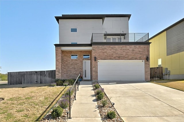 7200 Cordoba Dr, Austin, TX 78724 - modern home with a balcony, brick siding, an attached garage, and driveway