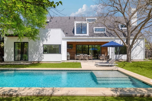 3201 Sunny Ln, Austin, TX 78731 - rear view of property with a patio area, a lawn, and an outdoor pool