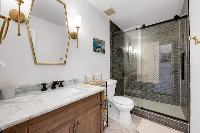 5898 River Oaks Dr, Kingsland, TX 78639 - bathroom with a stall shower, visible vents, toilet, and vanity