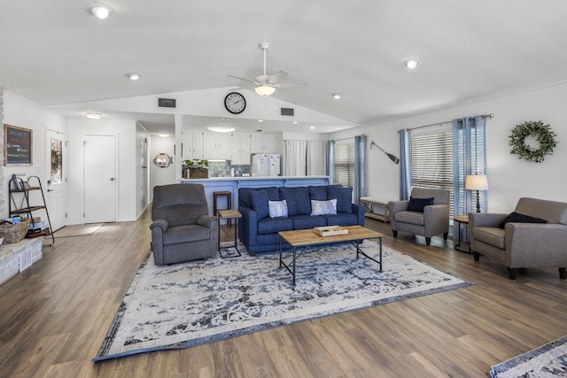 2546 Williams Lakeshore, Kingsland, TX 78639 - living room with a ceiling fan, wood finished floors, and lofted ceiling