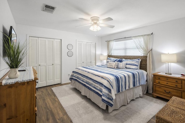 2546 Williams Lakeshore, Kingsland, TX 78639 - bedroom with multiple closets, wood finished floors, and a ceiling fan