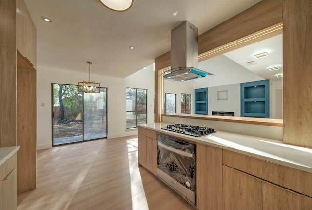 1701 Indian Camp Trl, Round Rock, TX 78681 - kitchen with island exhaust hood, stainless steel gas cooktop, wall oven, modern cabinets, and light countertops