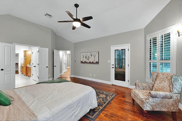 104 Standing Oak Dr, Georgetown, TX 78633 - bedroom featuring wood finished floors, baseboards, high vaulted ceiling, ceiling fan, and ensuite bathroom
