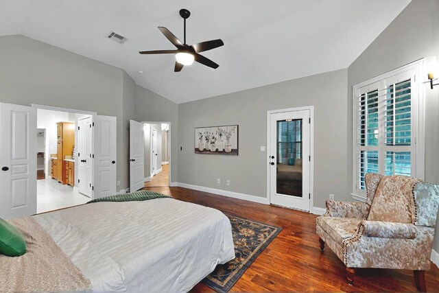 104 Standing Oak Dr, Georgetown, TX 78633 - bedroom with wood finished floors, high vaulted ceiling, a ceiling fan, and ensuite bath