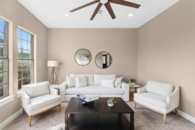 1420 Mirador, Leander, TX 78641 - living area featuring a ceiling fan, carpet floors, and recessed lighting