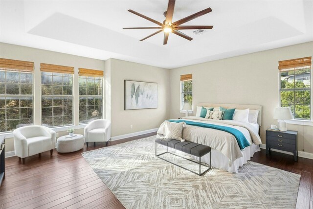 1420 Mirador, Leander, TX 78641 - bedroom with dark wood-type flooring, baseboards, a raised ceiling, and ceiling fan
