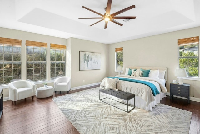 1420 Mirador, Leander, TX 78641 - bedroom with dark wood-style floors, a tray ceiling, and a ceiling fan
