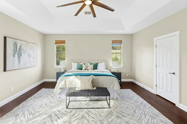 1420 Mirador, Leander, TX 78641 - bedroom with a tray ceiling, multiple windows, wood finished floors, and ceiling fan