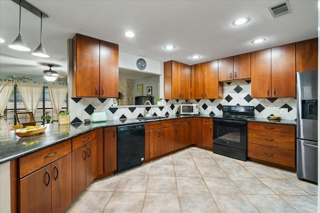 5014 Little Valley Rd, Leander, TX 78641 - kitchen with black appliances, backsplash, brown cabinetry, a ceiling fan, and recessed lighting