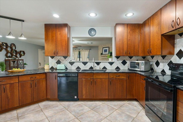 5014 Little Valley Rd, Leander, TX 78641 - kitchen with black appliances, decorative backsplash, brown cabinetry, light tile patterned flooring, and pendant lighting