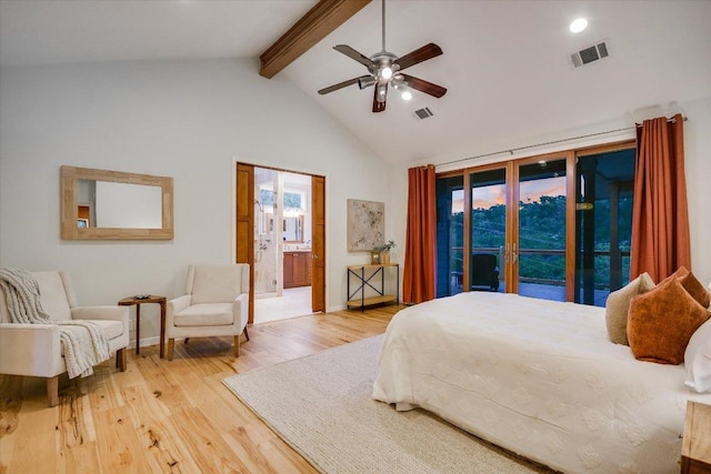 1607 Bay Hill Dr, Austin, TX 78746 - bedroom with access to outside, beam ceiling, wood finished floors, baseboards, and recessed lighting