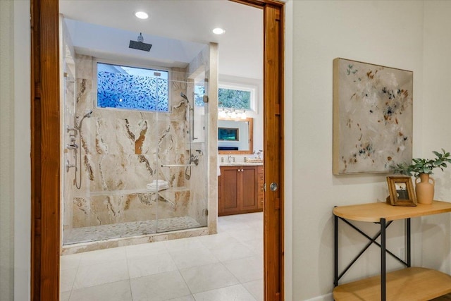 1607 Bay Hill Dr, Austin, TX 78746 - full bath featuring a shower stall, vanity, recessed lighting, and tile patterned flooring